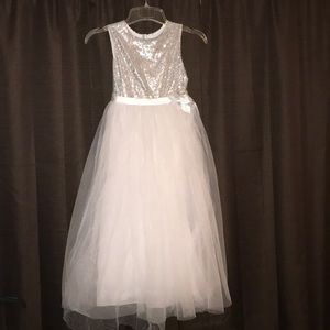 Flower Girl Formal Dress, White w/ Silver Sequins